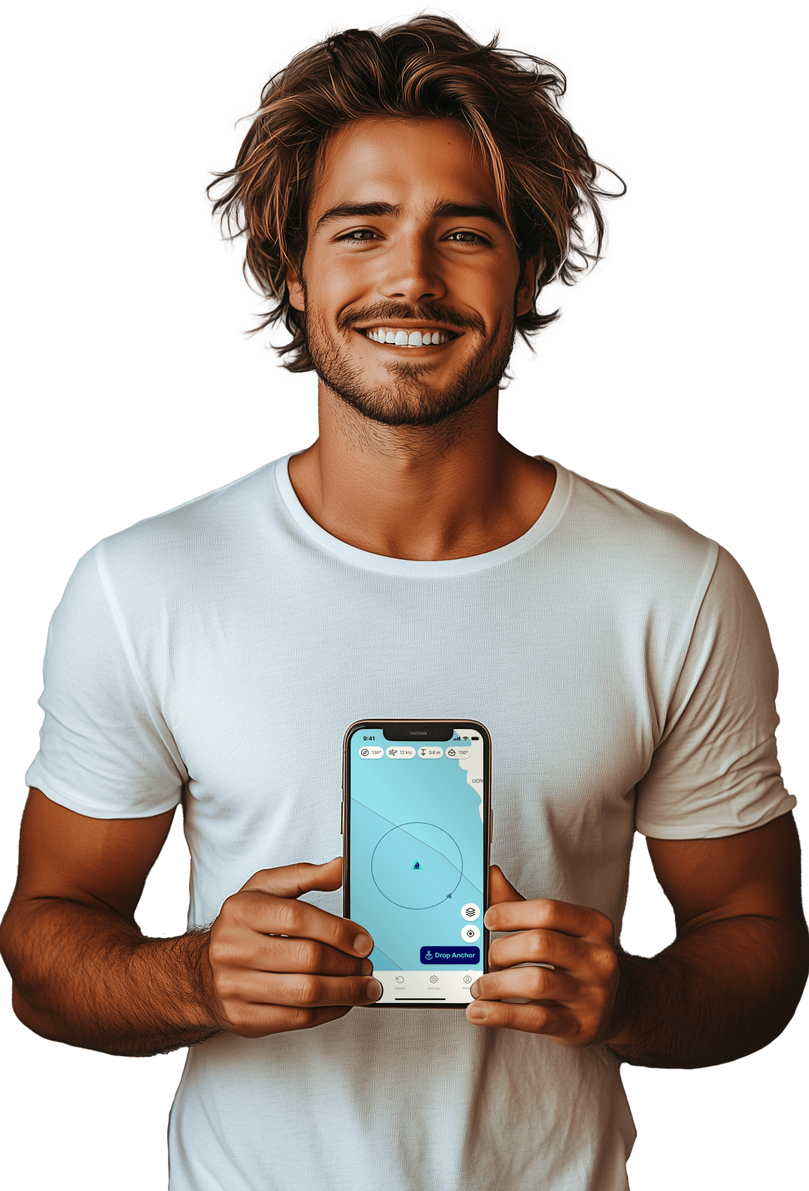 A person holding the phone displaying the Anchorly App